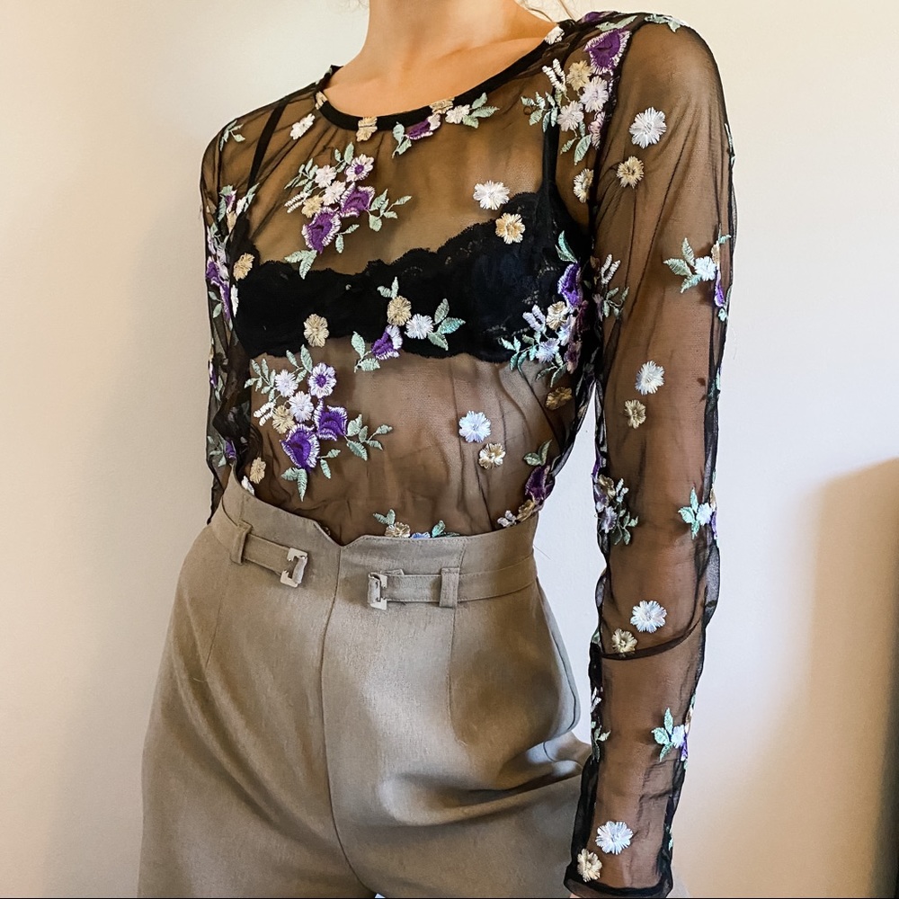 VTG Sheer Black Floral Lilac Cream Embroidered Top